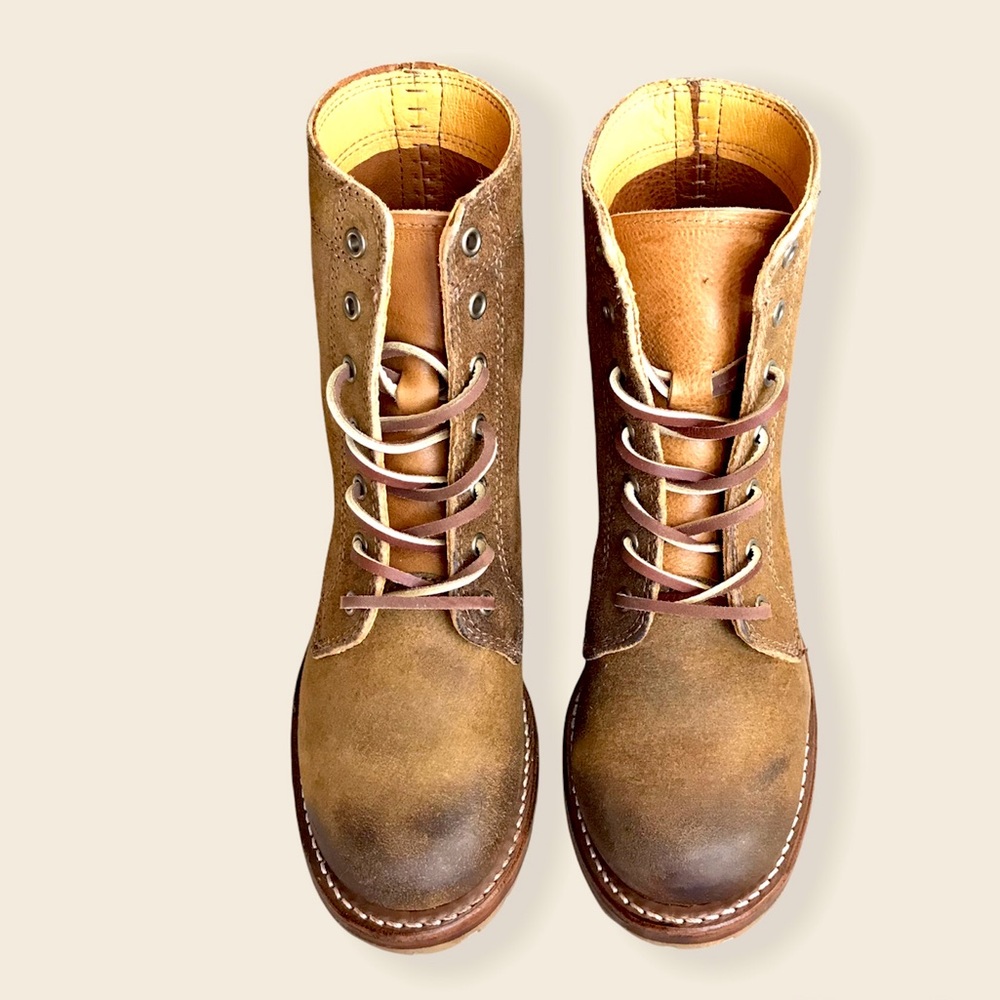 Frye Sabrina 6G Tan Suede/Leather Lace Up Wood Heeled Combat Moto Ankle Booties - Picture 12 of 16